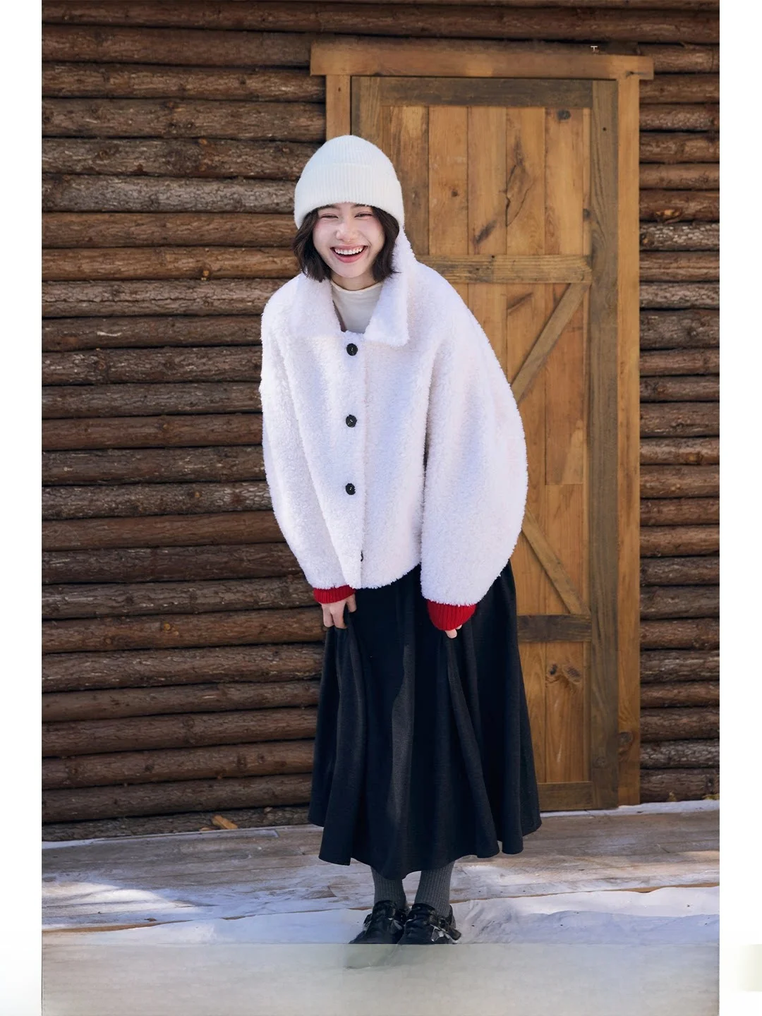 

GOOZA Women's Full Wool Lamb Fur Jaet Banana Sve Collar Flip Winter Coat Fake Fur Outerwear Thi Long Sve Coat