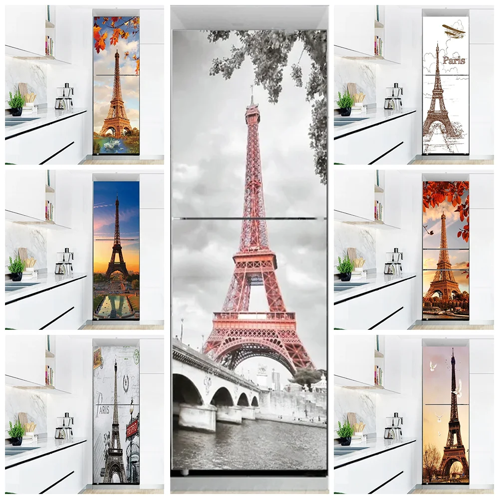 

Eiffel Tower Printed Refrigerator Door Sticker Decor Waterproof Plain Wallpaper Paris Tower Fridge Cabinet Door Wrapping Decals