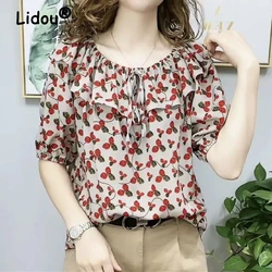 2023 Summer New Fashion Print Ruffle Lace Up Bow Sweet Chic Top Blouse Women Casual O Neck Short Sleeve Slim Shirts Blusas Mujer