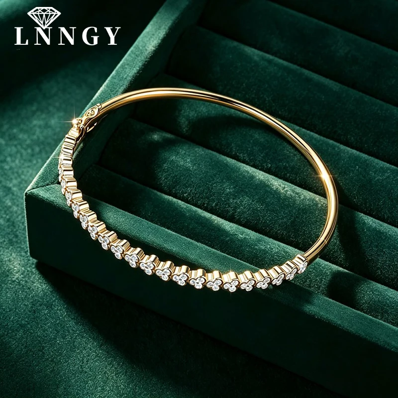 Lnngy Classical Half Eternity Moissanite Bangle For Women Exquisite 14K Gold Filled Flower Shape Bangles Wedding Jewelry Gifts