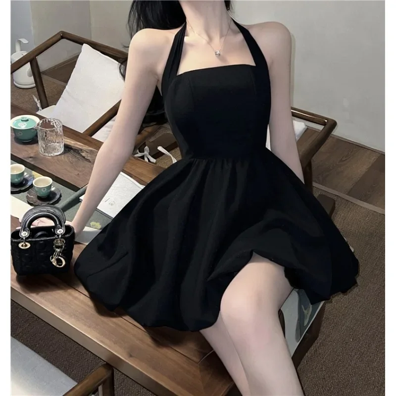 Elegant Slimming A- line Mini Dress Women's Halter Neck Tank Top Dress Summer Waist-fitted Short Skirt