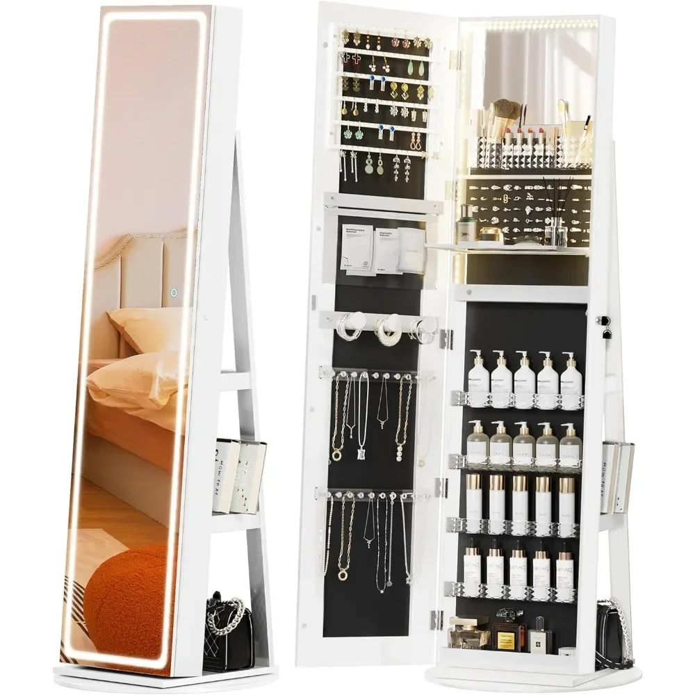 LED Mirror Jewelry Cabinet Standing, with Full-Length Mirror and Adjustable LED Lights, Lockable Jewelry Armoire, 360° Swivel