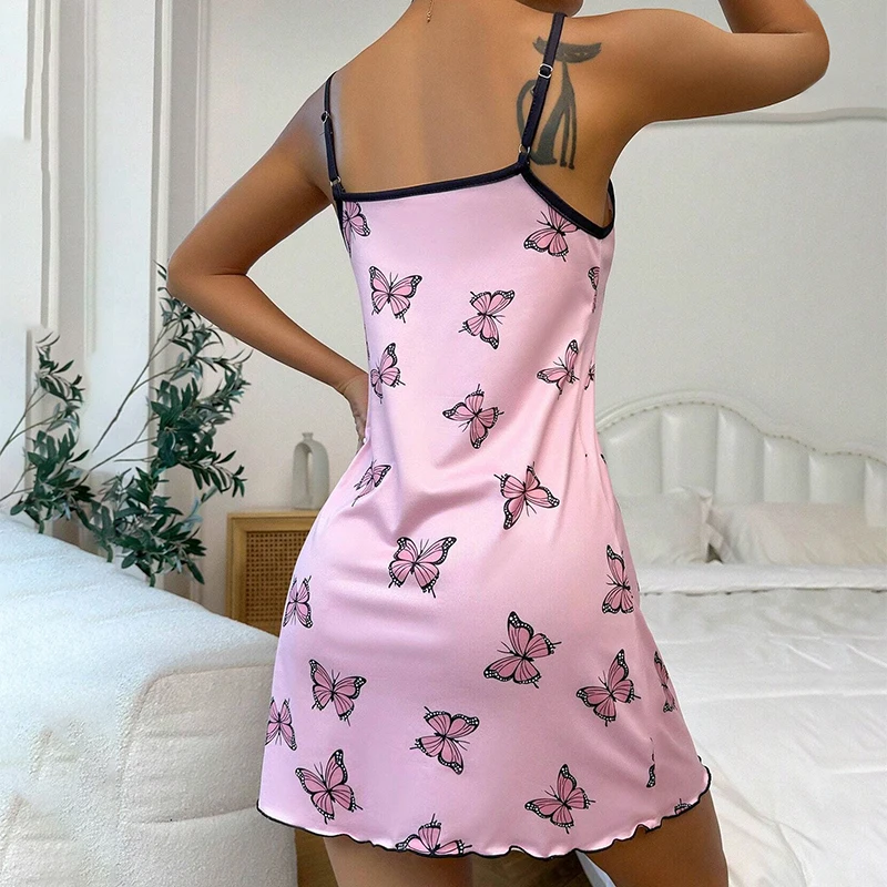 Damen-Sommer-Nachtwäsche, bedruckte Cartoon-Pyjamas, Träger-Nachtwäsche, lässiges und bequemes Hauskleid, Nachthemd. – Detail 12