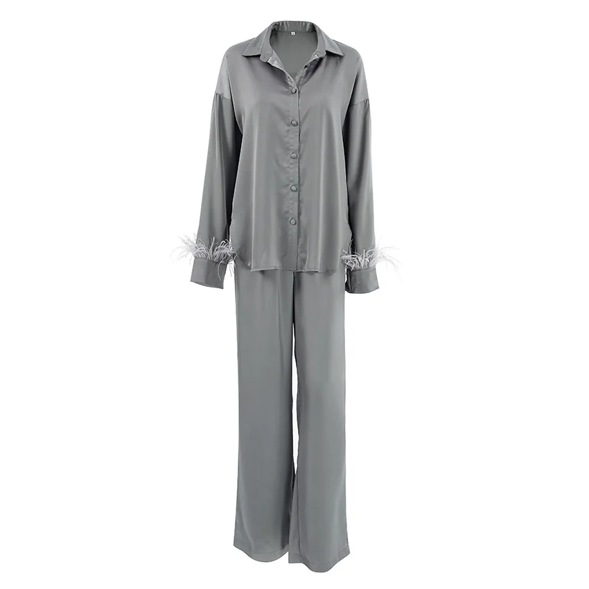 Elegant Sleepwear Pajama Pants Suit Woman 2022 Fashion Long Sleeve Feather Blouses Loose Long Pants 2 Piece Sets Womens Outfits