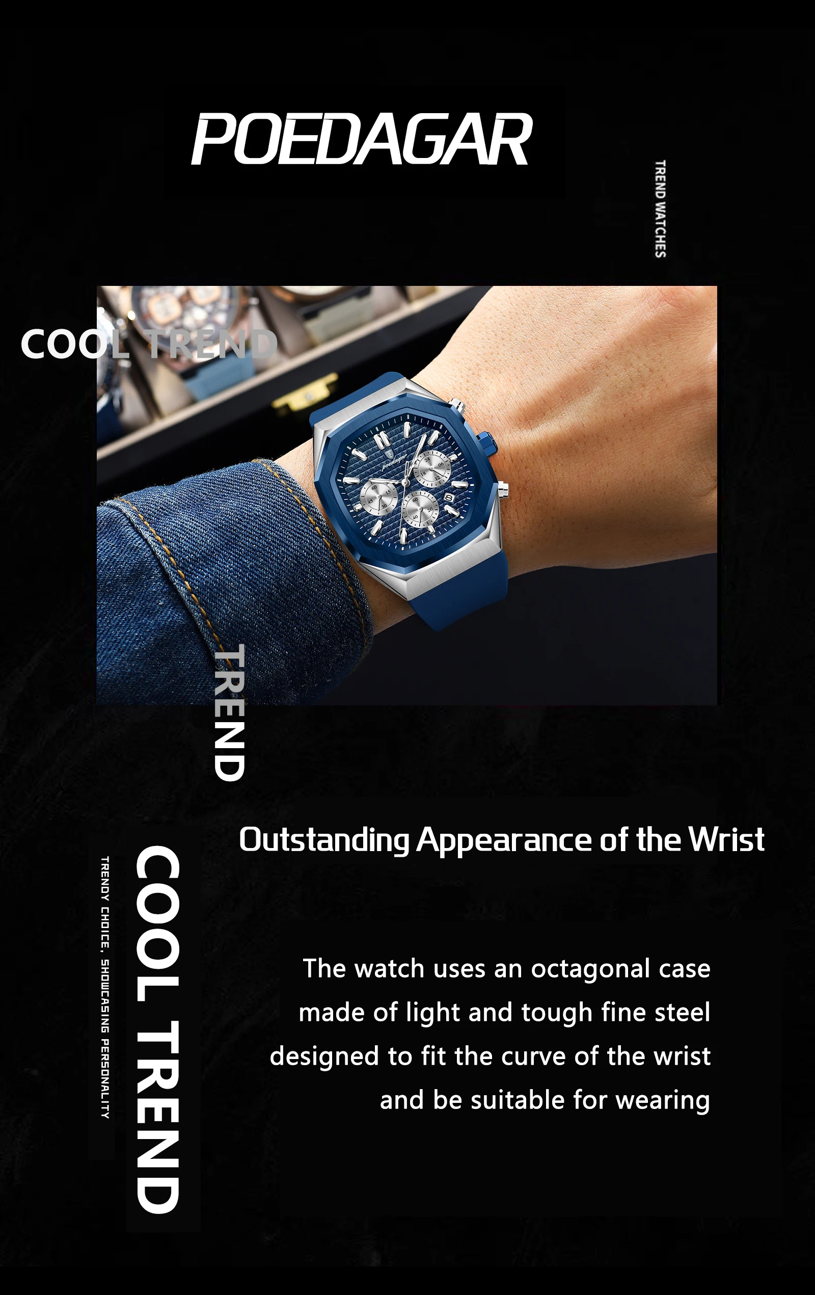 POEDAGAR Business herren Uhr Chronograph Datum Silikon Armband Quarz Mann Uhr Wasserdicht Leucht Mode Uhren Für Männer Reloj – Detail 3