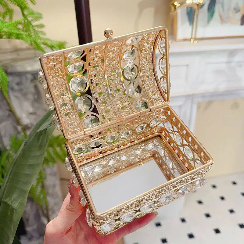 European Light Luxury Crystal Mirror Jewelry Storage Box, High-end Exquisite Creative Desktop Jewelry Box