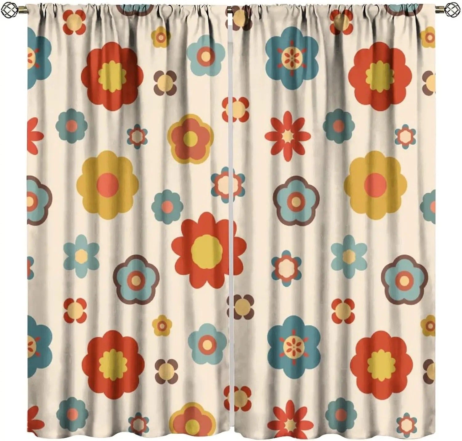 Retro 70s Flower Curtains,Mid Century Colorful Floral Daisy Window Treatments for Bedroom Living Room Kitchen Café Room Darking