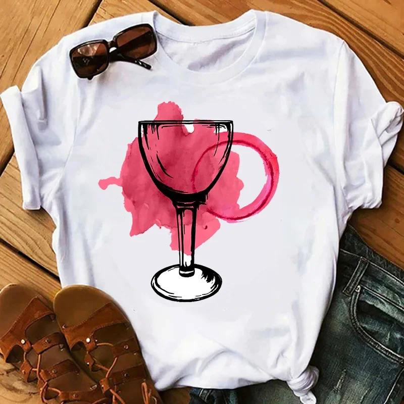 Wine Glass Wine Glass Print Short Sleeve T Shirt Women Vintage Tops Harajuku  Graphic T-shirts Aesthetic Clothes Oversized Tee