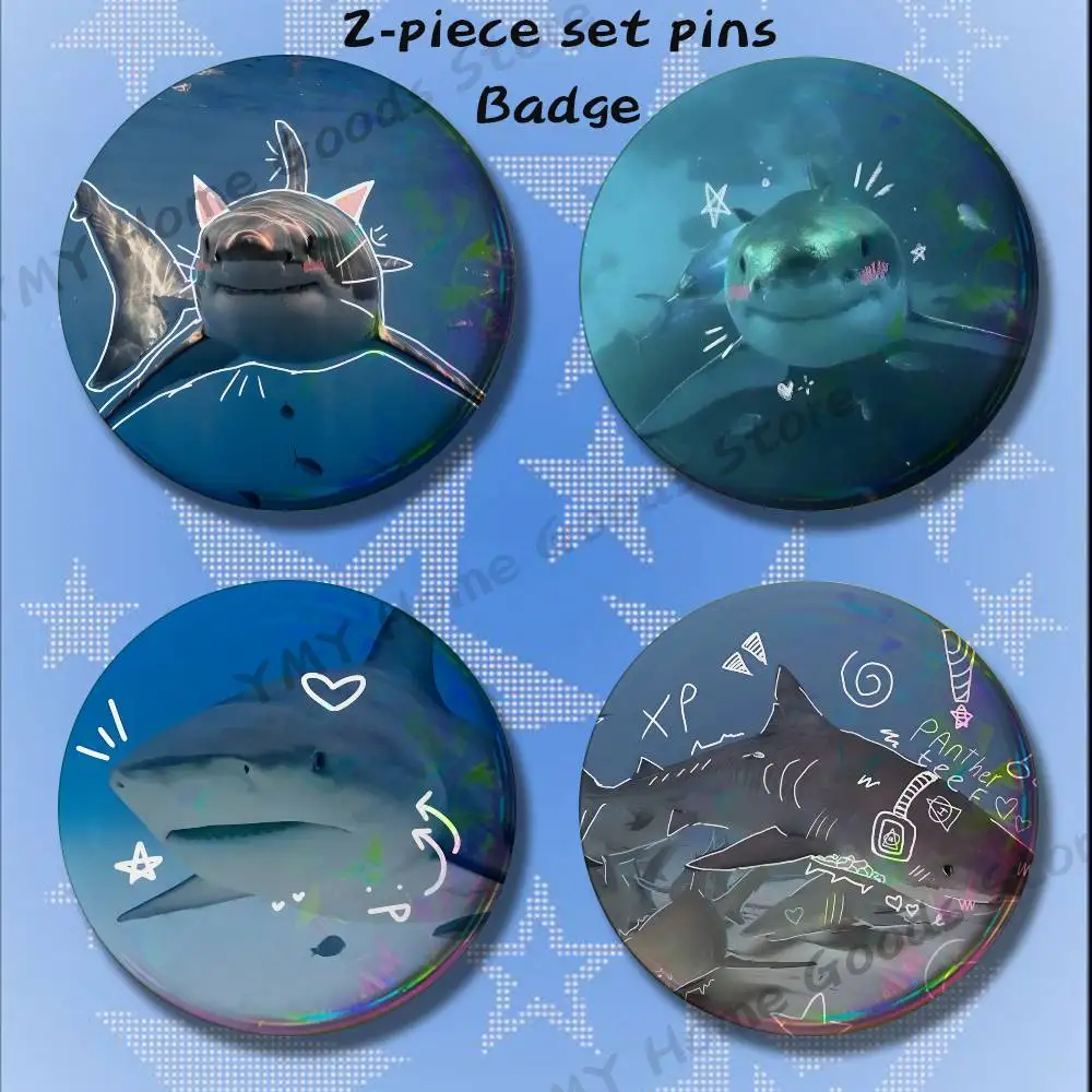 Sea Shark Cute Art Brooches for Backpack Accessories 25 32 44 58 75mm Round 2-piece set Free Mix