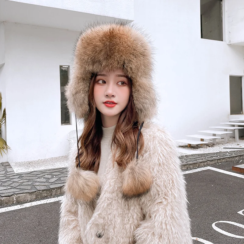 

2022 New Style 100% Real Fox Fur Hat Women Russian Aviator Trapper Snow Skiing Hat Caps Earflap Winter Raccoon Fur Bomber