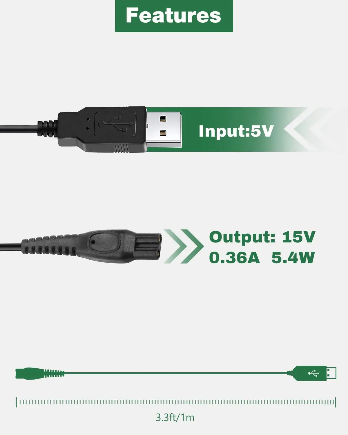 15V USB Charging Cable for Philips Norelco HQ8505 2300 7000 5000 3000 Series 3500 mg5750 mg7750 S1560 Electric Shaver Razor