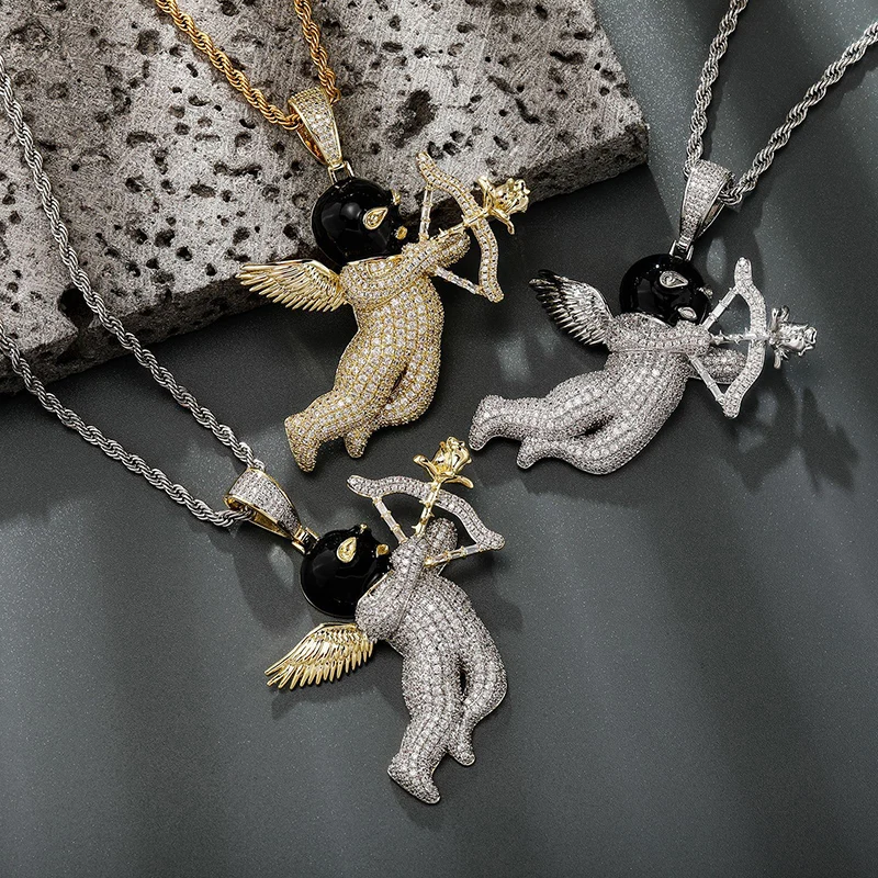 

Hip Hop 3A+ CZ Stone Paved Bling Iced Out Masked Love Angel Pendants Necklaces for Men Rapper Jewelry Gold Silver Color Gift