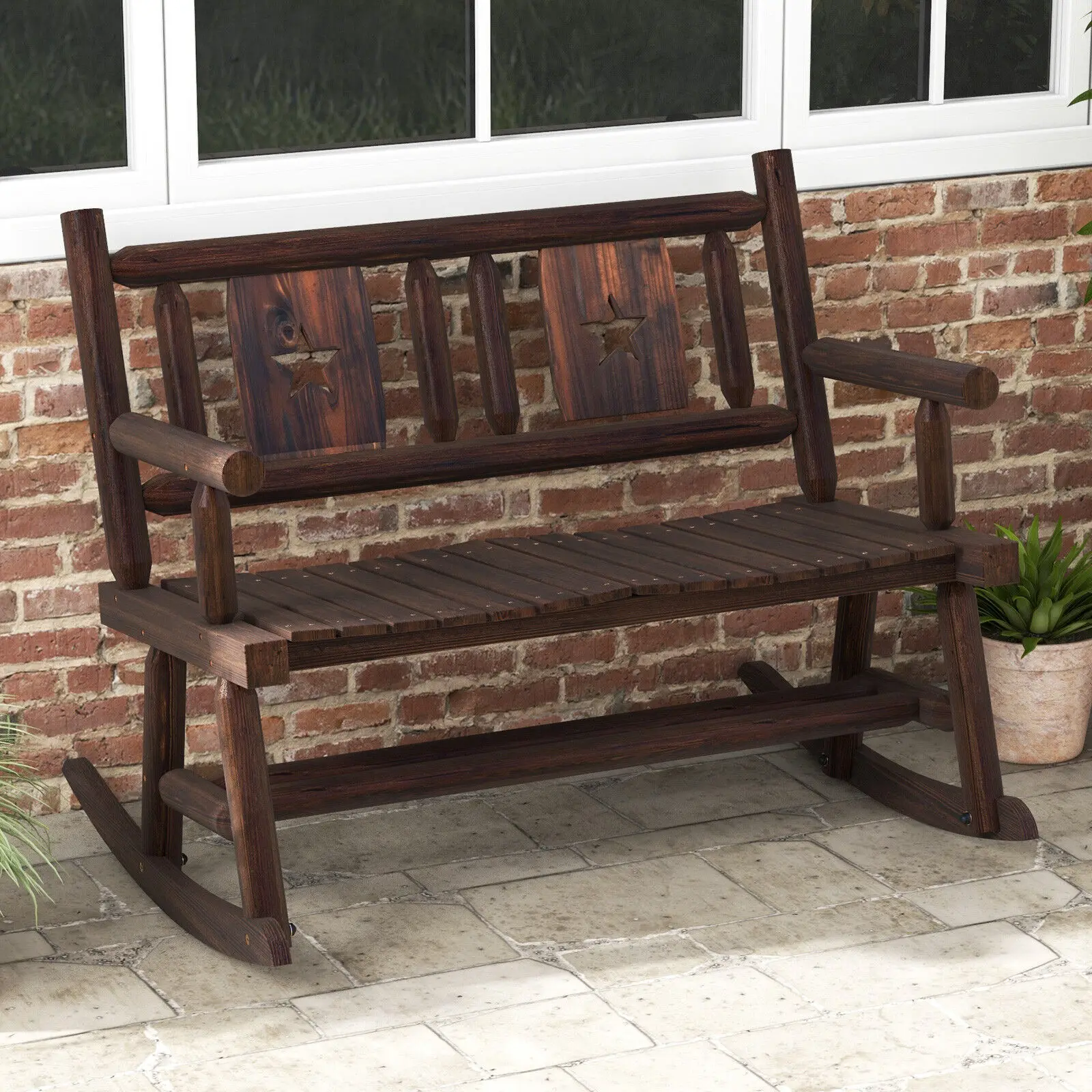 Patio Rocking Bench Carbonized Wood Double Rocker Chair w/ Ergonomic Seat