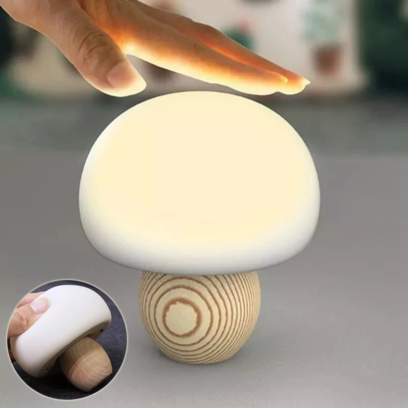 

Mushroom LED Night Lamp Silicone Brightness Adjustable Pat Switch Wooden Base Timing LED Night Light For Children's Gift 2024