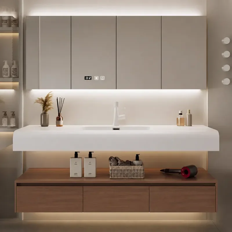 Walnut Solid Wood Bathroom Vanity with Integrated Corian Washbasin Smart Cabinet Combination Sink Unit for Modern Home Bath