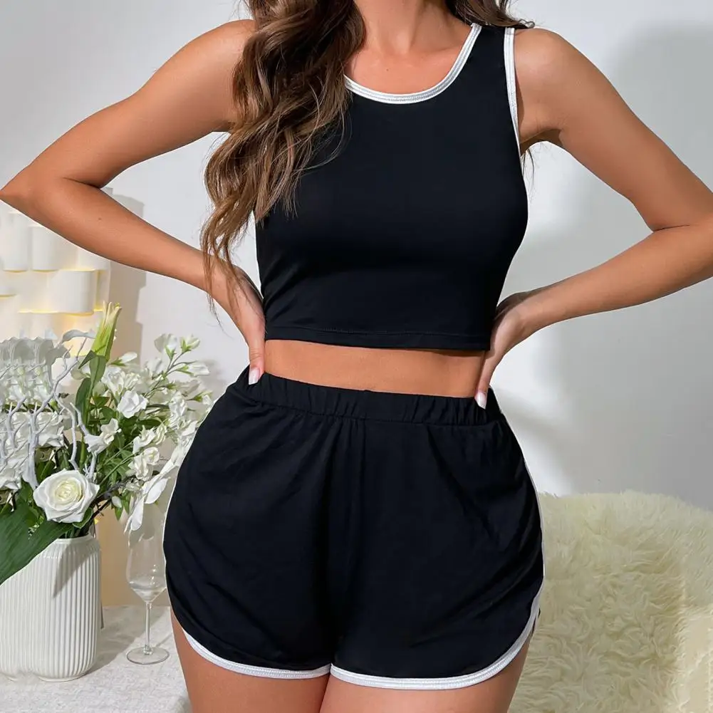 2Pcs/Set Minimalistic Women's Suit Fashionable Matching Color Polyester Casual Breathable Elastic Vest Shorts Set Women