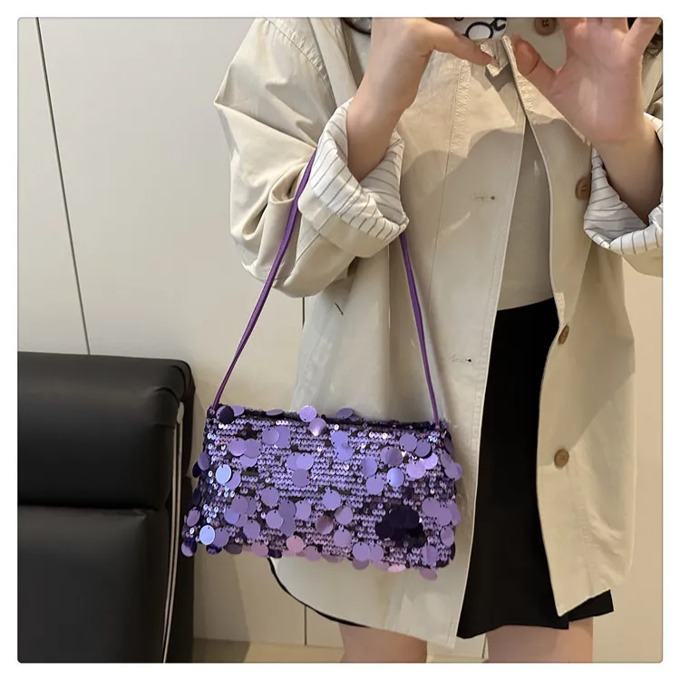 Neue Pailletten-Abendtasche, Schultertasche für Damen, leicht, tragbar, Damen-Umhängetasche mit Riemen, einfarbig, modische Handtasche für Frauen. – Detail 17