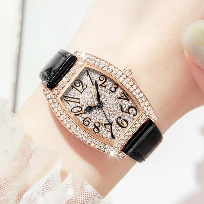 Tonneau-shaped small dial women's watchstylish and glossy leather strapexquisite and petite quartz wristwatchhigh-end selection.
