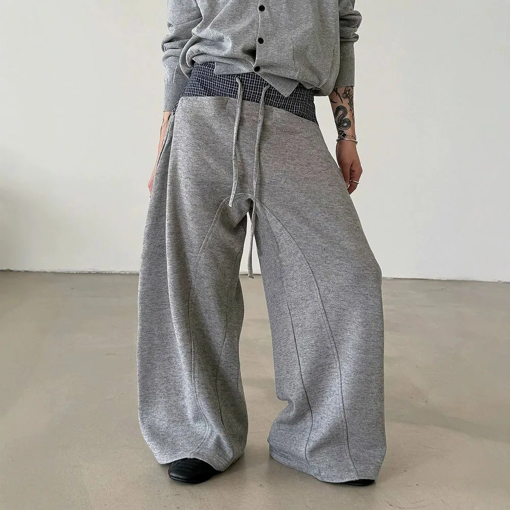 Plaid Spliced Sweatpants Waist Wide Leg Sweatpants Drawstring Loose Fit Gray Casual Pants Side Pockets Streetwear Daily Trousers