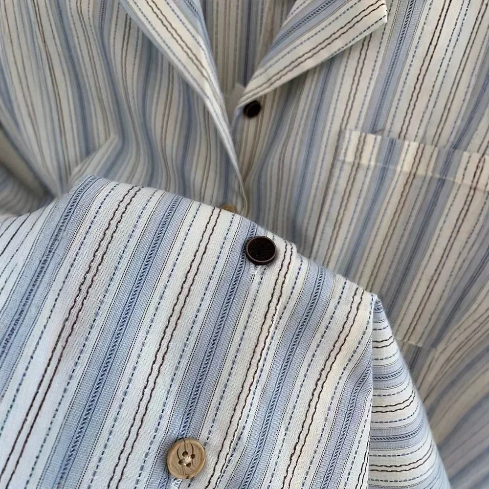 

Women's Loose Casual Short Sleeve Cuban Collar Striped Shirt Summer Outerwear Top French Vintage Hong Kong Style