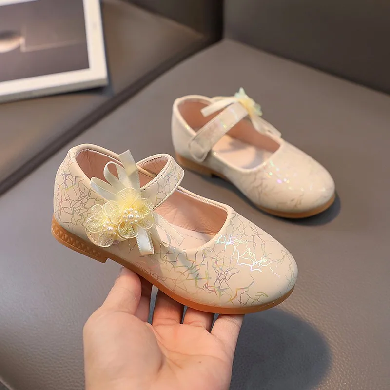 Girls Princess Shoes Sweet Leather Shoes Shallow Mouth Ballet Flats 2023 Spring Elegant Lace Flower Kids Shoes туфли для девочки