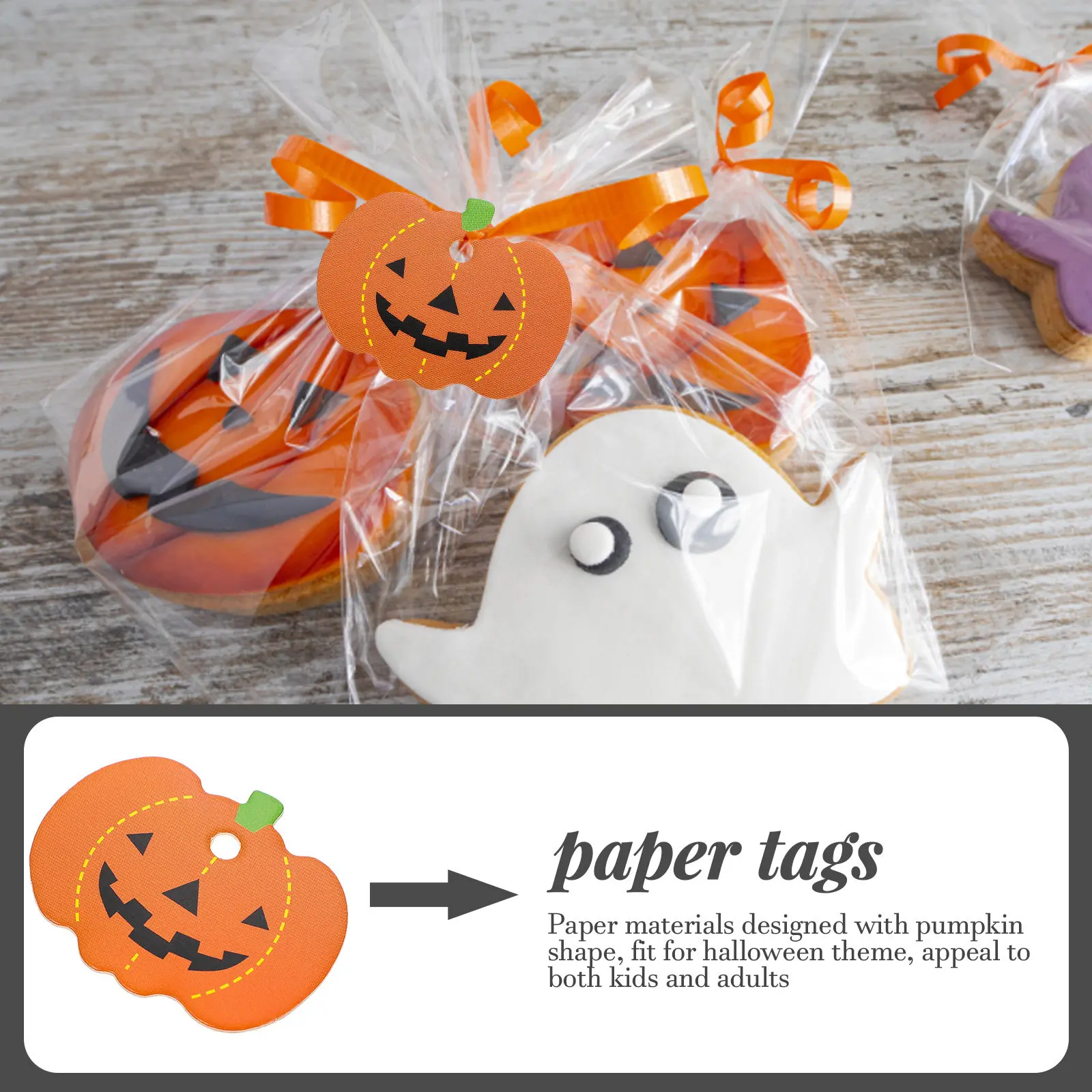 100pcs Halloween Pumpkin Hanging Tags for Candy Cookies Gifts – Decorative Paper Labels for Party Package Decoration