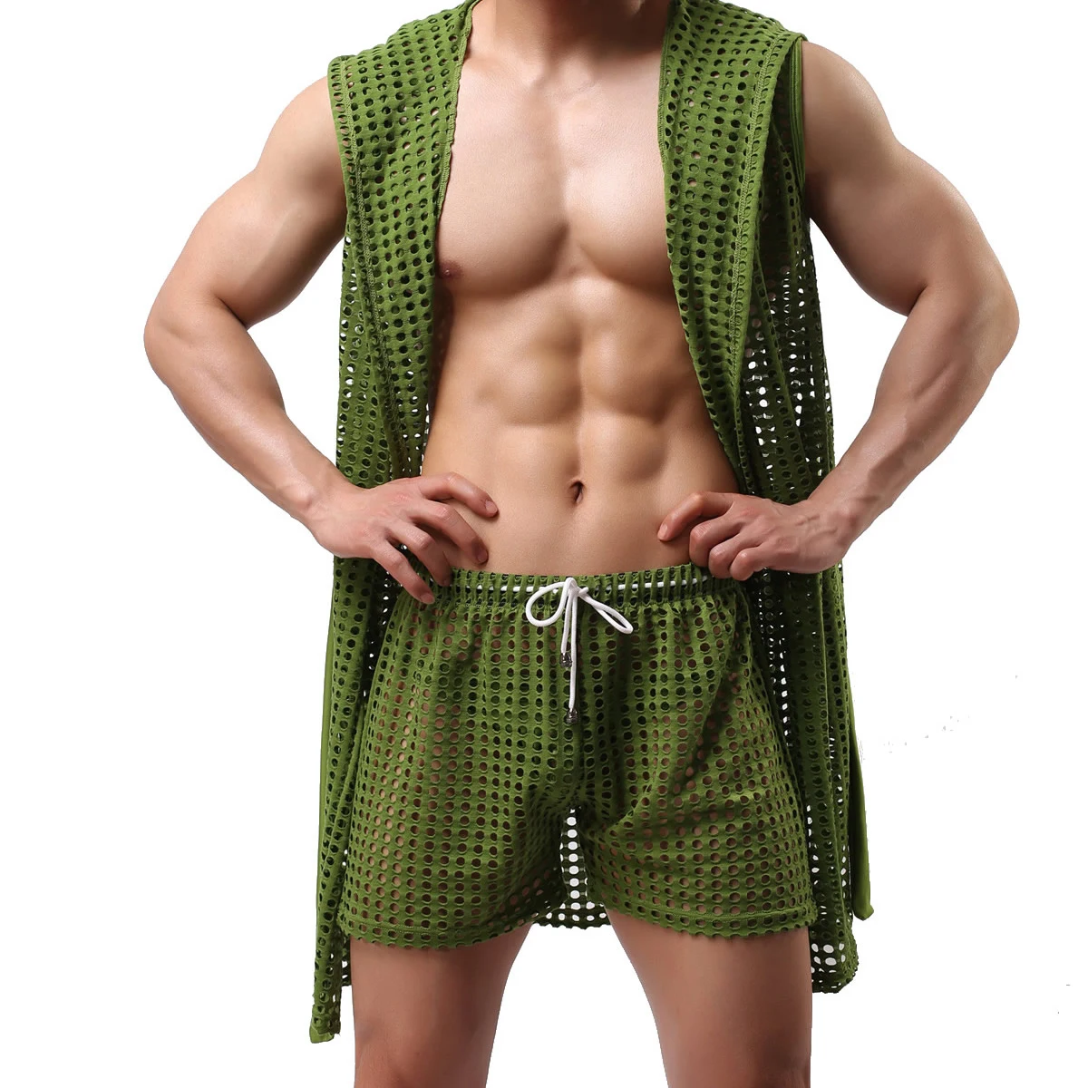 

Men's Bathrobes Fishnet Mens Kimono Robes Sleepwear Hollow Out Shorts Men Dressing Gown Hooded Sexy Pajamas Home Robe With Belt