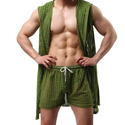 Men's Bathrobes Fishnet Mens Kimono Robes Sleepwear Hollow Out Shorts Men Dressing Gown Hooded Sexy Pajamas Home Robe With Belt