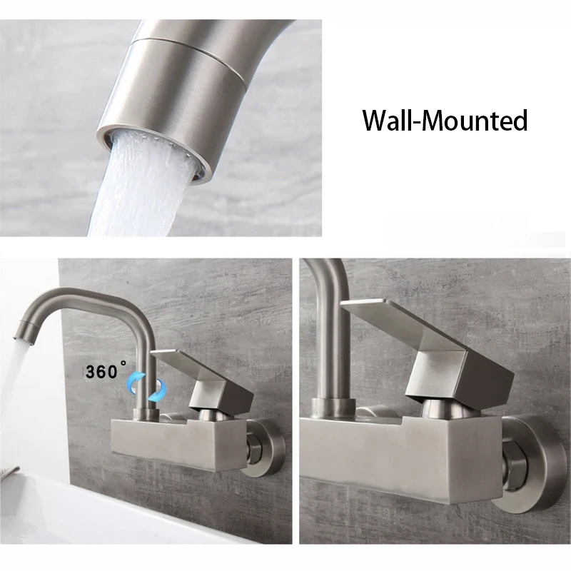 Kitchen Faucet Wall-Mount Bathroom Sink Tap Dual Holes Hot and Cold Mixer Balcony Washing Mop Basin Bibcock Universal Swivel Tap