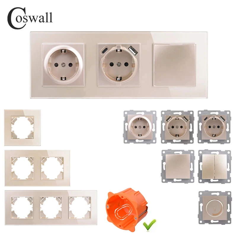 COSWALL Pannello in vetro dorato Interruttore a parete/basculante Presa Schuko UE Caricatore USB tipo A e C Modulo TV satellitare Internet Fai da te