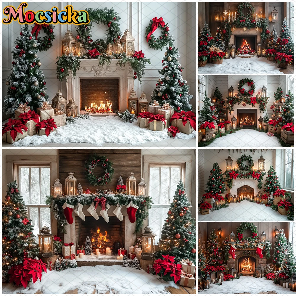 

Mocsicka Christmas Photography Backdrop Winter Snow Tree Fireplace Decorations New Year Party Photo Backgrounds Studio Wallpaper