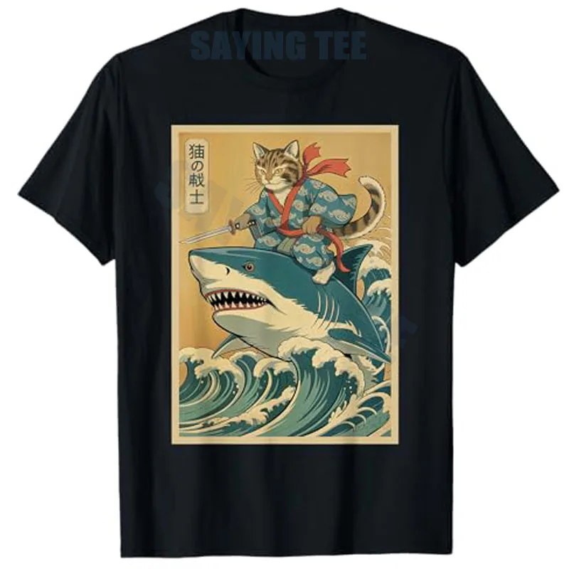 

Vintage Samurai Cat Riding Shark Funny Japanese Anime T-Shirt Cartoon Kitty Y2k Quirky Graphic Outfit Short Sleeve Saying Tee