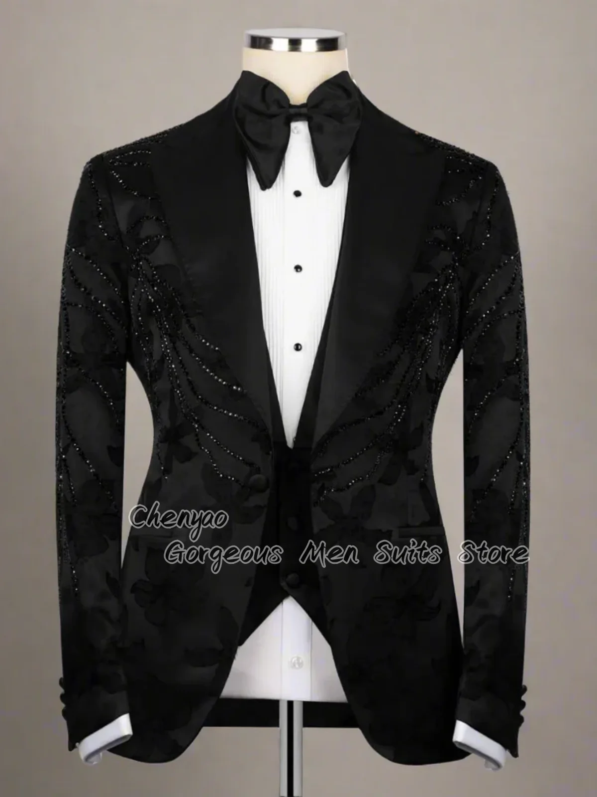 Elegant Jacquard Beaded Men Suits Slim Fit Wedding Customized Groom Tuxedos Party Male Prom Blazers 3Pcs Sets pantalones hombre