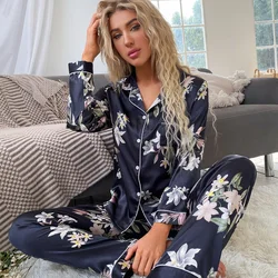 Flower Print Sleepwear Satin New Pajamas Suit 2Pcs Nightwear for Lady Satin Homewear Long Sleeve Shirt&pants Pyjamas Loungewear