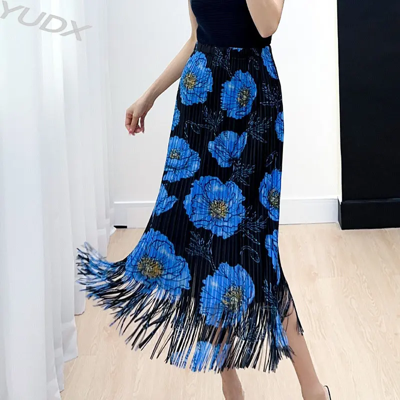 

YUDX Miyake Pleated High-End Fashion Tassel Skirt Women's Summer 2023 Slim Fit Waist-Controlled Slim Pleated Printed Skirt Women