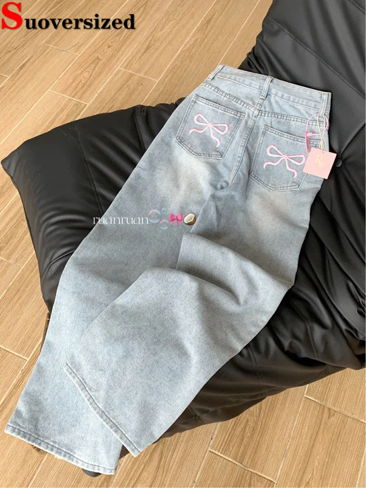 

Korea Light Blue High Waist Wide Leg Jeans Casual Fashion Baggy Pantalones Embroidery Design Vaqueros Vintage Women Denim Pants