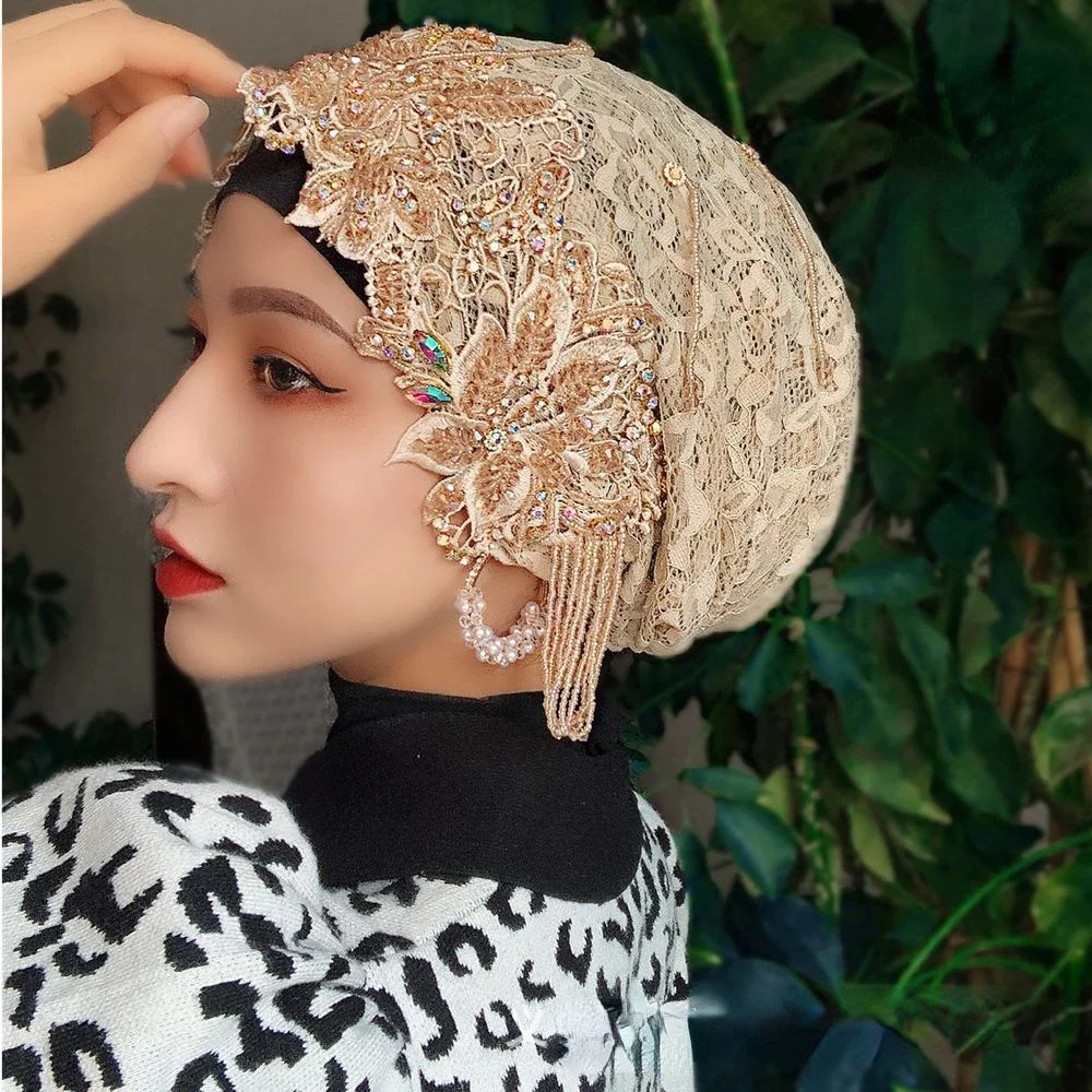 Turban brodé en dentelle pour femmes, couvre-chef arabe, couvre-chef islamique, hijabs musulmans, chapeau à pampilles, couvre-chef de mariage, Dubaï, luxe, été