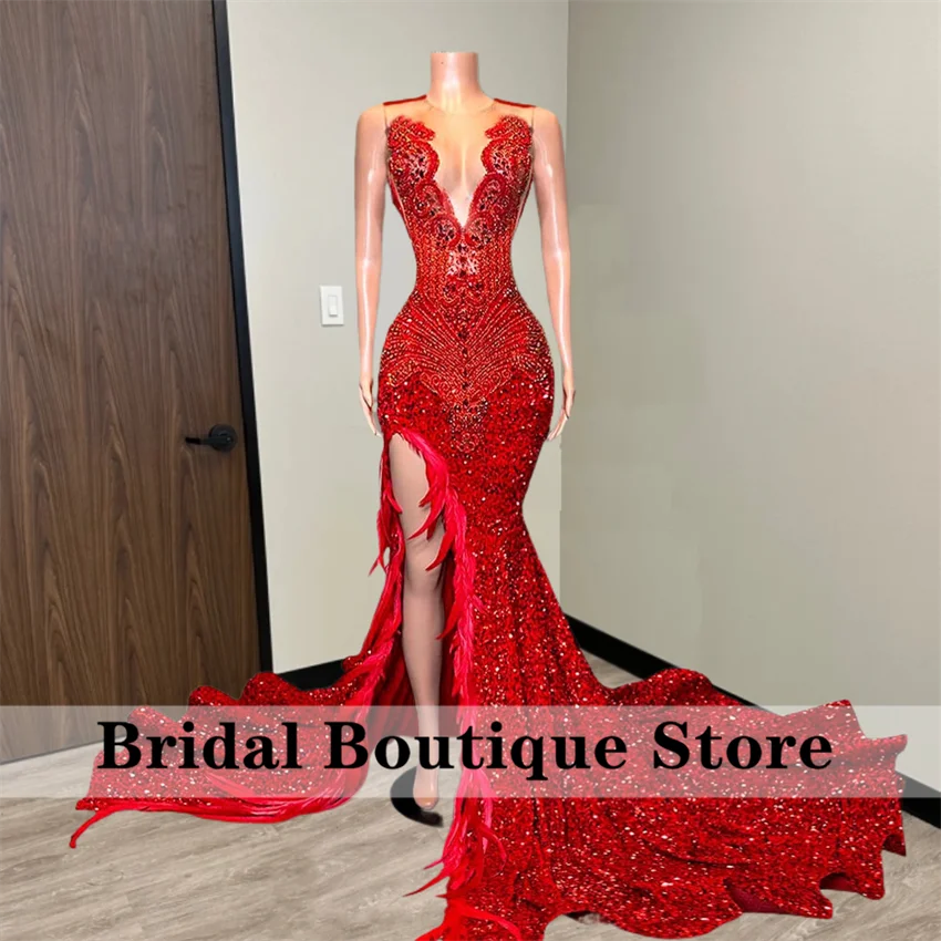 

Red Diamonds Prom Dresses Mermaid Style Rhinestones Crystals Feathers Sequin Gown Prom Party Wedding Gowns Customized