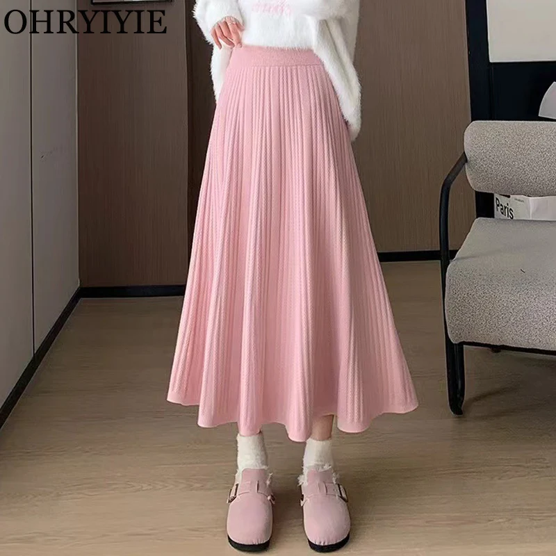 Mid-length Knitted Skirt Women\'s Autumn and Winter New High-waist A-line Skirt Gray Black Beige Long Pleated Skirt Female