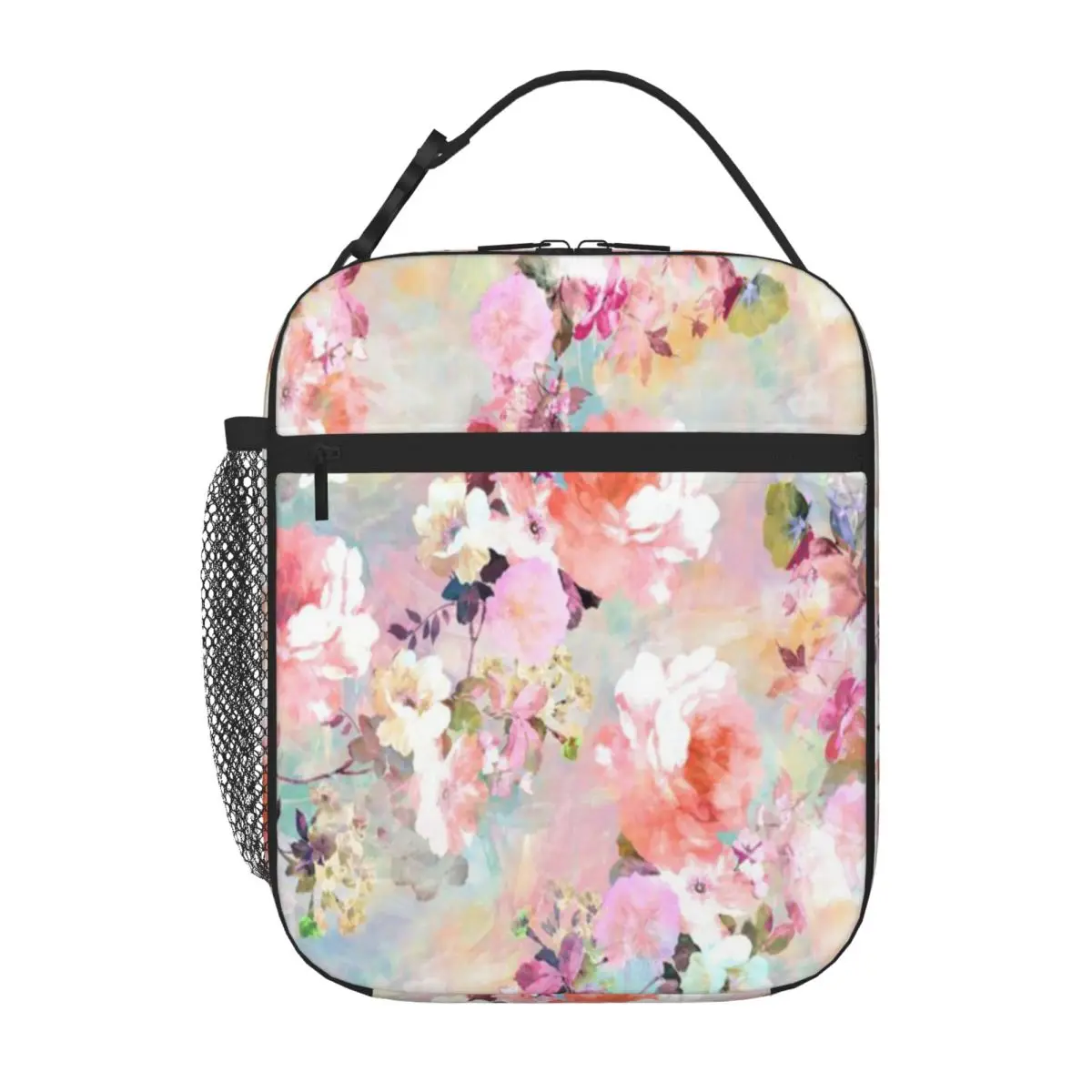 Hot Sale Romantic Pink Teal Watercolor Chic Floral Pattern Simple Canvas Lunch Bag Weight Loss Diet Neoprene Lunch Bag