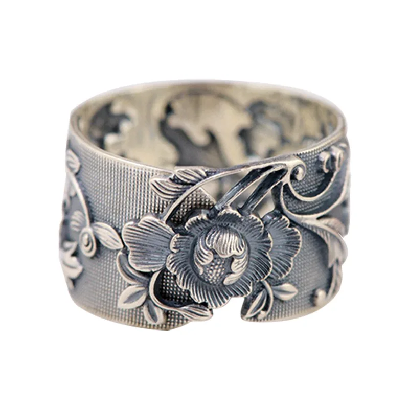 Vintage 999 Pure Silver Chinese Style Open Ring Jewelry for Women Ethnic Adjustable Embossed Peony Flower Finger Rings JZ104