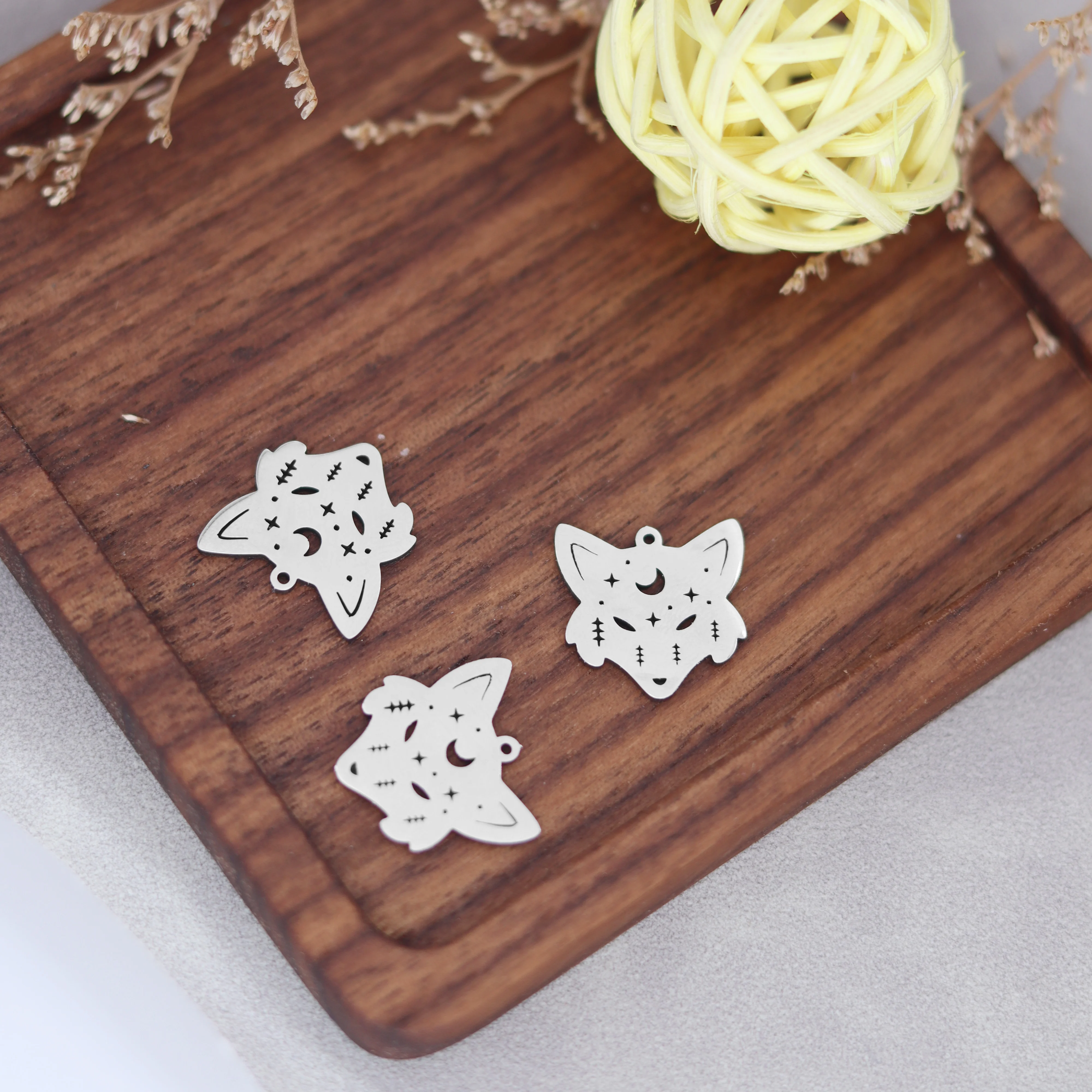3PCS Fox Charms for Jewelry Making DIY Tassels Bracelets Crescent Moon Skyful Star Wolf Head Stainless Steel Pendant Earrings