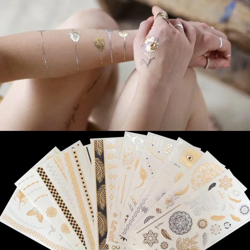 Tymczasowy tatuaż Seksowne słońce Księżyc Gwiazda Kobiety Impreza Body Arm Art Fake Flash Tattoos Gold Metallic Tattoo Sticker Girl Bracelet Wrist