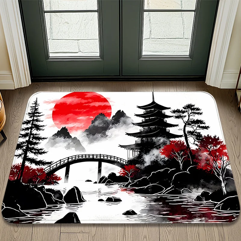 VIKAMA Japanese Ink Painting Doormat Red Sun Pagoda Bridge Mountain Print Non‑Slip Washable Entrance Mat Home Decor Floor Rug
