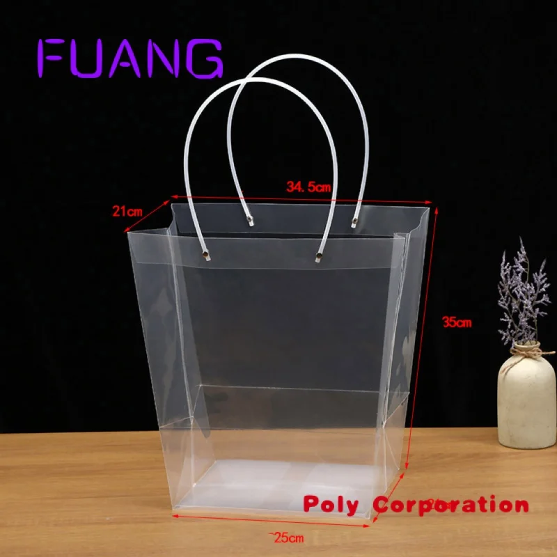 Personalizado Transparente Trapezoid PP Bag Plastic Clear Flower Packing Bag Com Alça