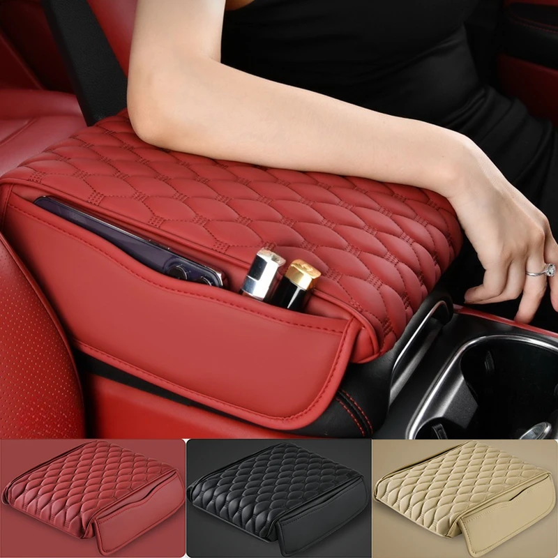 Rhombus PU Leather Car Armrest Mat 5cm Thicken Center Console Arm Rest Protection Cushion Auto Armrests Storage Box Cover Pad