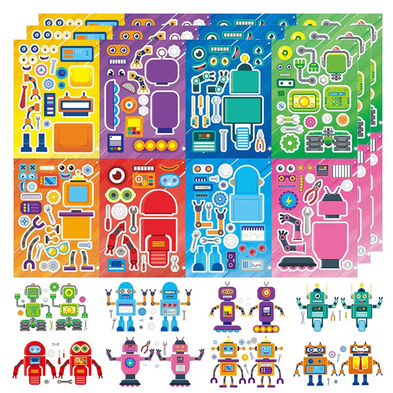 

Наклейки с мультяшным роботом, листы, наклейки-головоломки для детей, подарки на день рождения, ноутбук, бутылка с водой, набор наклеек