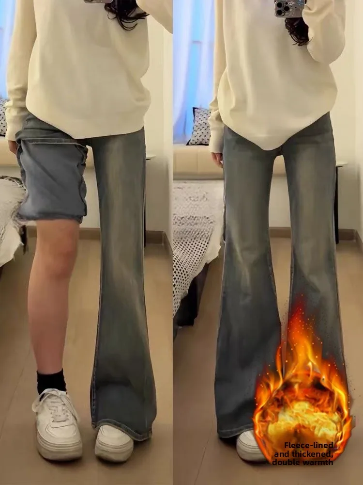 

Fce Lined Flared Jeans Women's High Waist Slimming Elastic Bootcut Pants Casual Wear Vintage Sle Comfortable Denim