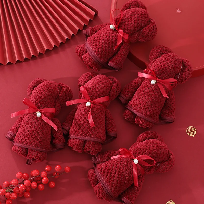 Coral Fleece Teddy Bear Red Towel Wedding Gift with Towel Wedding Companion Gift Guest Return Gift Towel Wedding Handkerchief