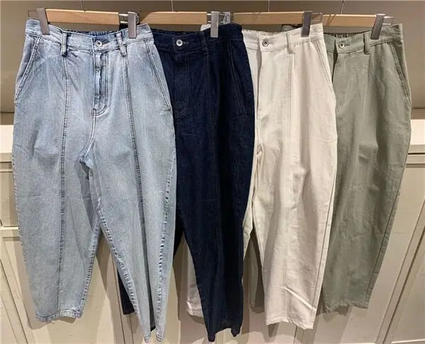 

Весна 2025: Новые женские джинсы из хлопка с эффектом потертости, на резинке, с высокой талией, повседневные, свободного кроя, длинные, синие, в стиле гарем, джинсы-шаровары